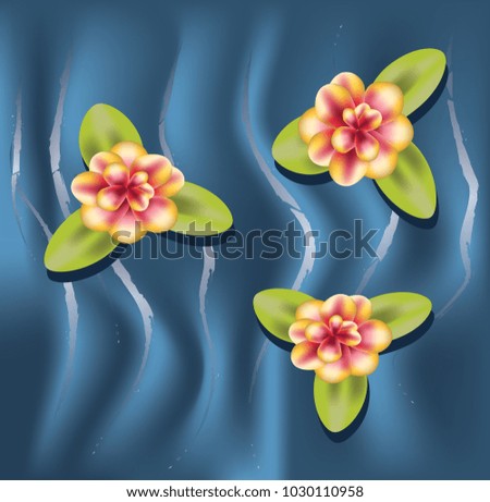 Flowers with leaves on blue wave waves, vector, abstraction