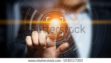 Fingerprint scan provides security access with biometrics identification. Business Technology Safety Internet Concept. Royalty-Free Stock Photo #1030117303