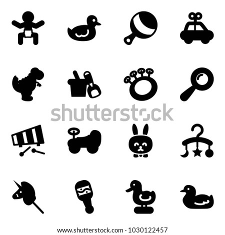 Solid vector icon set - baby vector, duck toy, beanbag, car, dinosaur, shovel bucket, xylophone, rabbit, carousel, unicorn stick