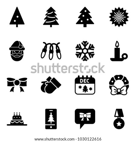 Solid vector icon set - christmas tree vector, firework, santa claus, garland, snowflake, candle, bow, gloves, calendar, wreath, cake, mobile, message, star medal