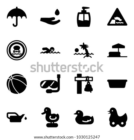 Solid vector icon set - insurance vector, drop hand, liquid soap, embankment road sign, no dangerous cargo, swimming, palm, inflatable pool, ball, diving, ship bell, basin, oiler, toy duck