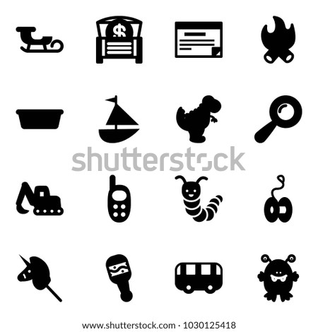Solid vector icon set - sleigh vector, money chest, schedule, fire, basin, sailboat toy, dinosaur, beanbag, excavator, phone, caterpillar, yoyo, unicorn stick, bus, monster