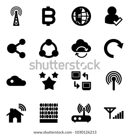 Solid vector icon set - antenna vector, bitcoin, globe, user check, share, social, refresh cloud, redo, stars, data exchange, wireless home, binary code, wi fi router, fine signal