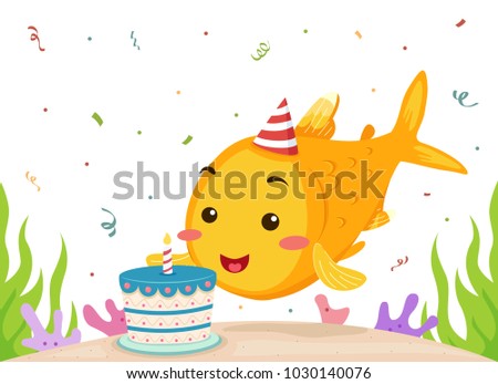 Illustration of a Fish Mascot Wearing Birthday Hat, Looking at a Birthday Cake with a Candle