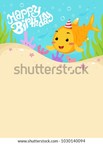 Illustration of a Fish Wearing a Birthday Hat Swimming Underwater with a Happy Birthday Text