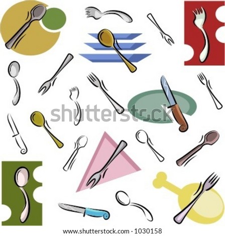 A set of cutlery vector icons in color, and black and white renderings.