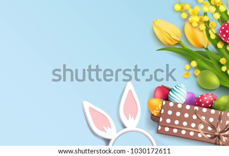 Easter colorful eggs in gift box, flowers and bunny ears on blue background. Beautiful spring background with place for text. Vector illustration