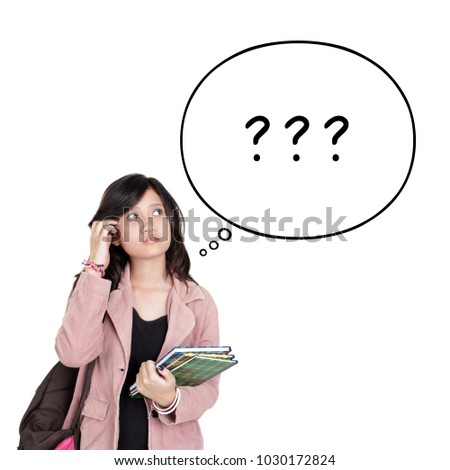 Comical illustration of female teenage student in confusion, isolated over white background