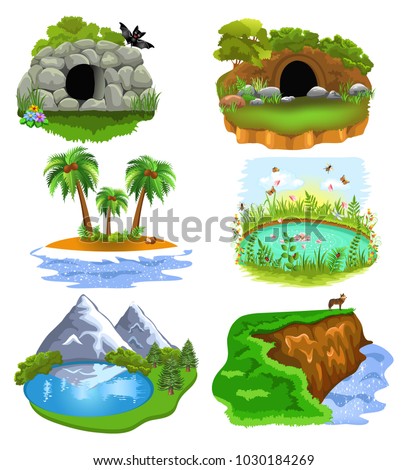 Vector collection of nature clip arts illustrating animal cave, den, island, pond, lake and cliff