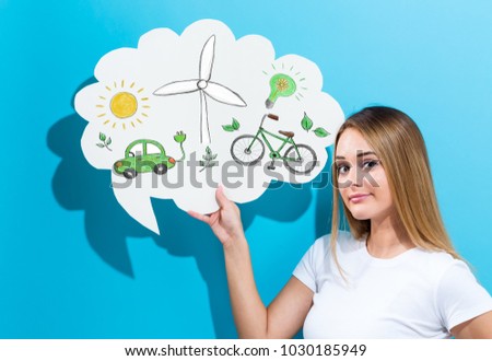 Ecology with young woman holding a speech bubble