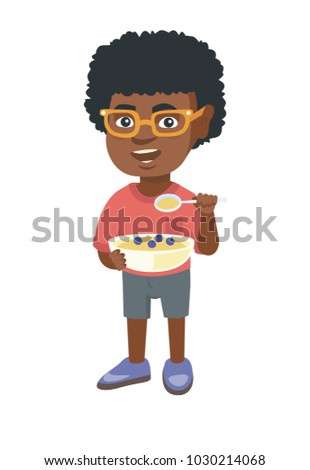 Happy african-american boy holding a spoon and bowl of porridge with blueberries. Little boy eating porridge for breakfast. Vector sketch cartoon illustration isolated on white background.