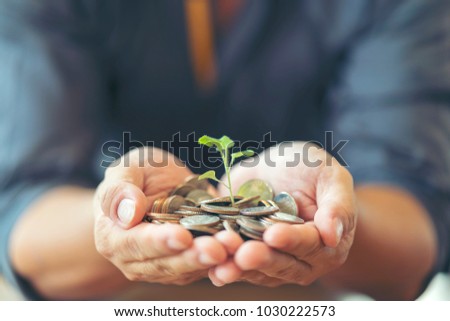 Man in black shirt holding coins with small tree, growing on money saving for retirement and using for expense in future. Investment planner is for bonds or real estate. Saving, investment concept Royalty-Free Stock Photo #1030222573