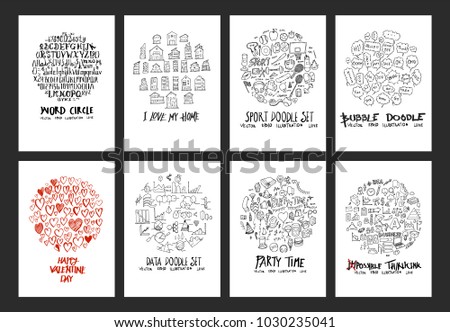 Set of doodles vector. Collection Font, Info, Sport, Party, Speech Bubble, Business, Valentine, House. circle form on a4 paper cover