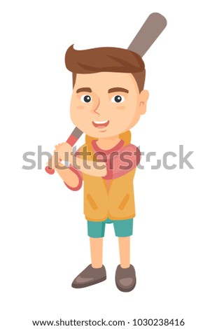 Young caucasian boy playing baseball. Happy smiling baseball player holding a wooden baseball bat. Little softball player. Vector sketch cartoon illustration isolated on white background.