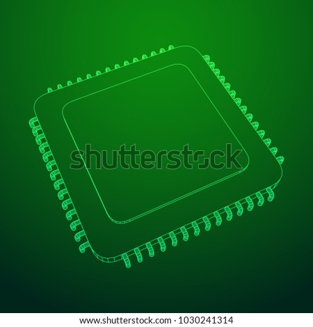Micro-chip quantum processor, micro-processor with board electronic CPU wireframe low poly mesh vector illustration