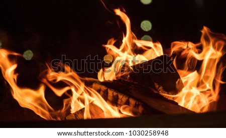 Fire in fireplace with firewood and colorful flames on black background. Close up with details, space.