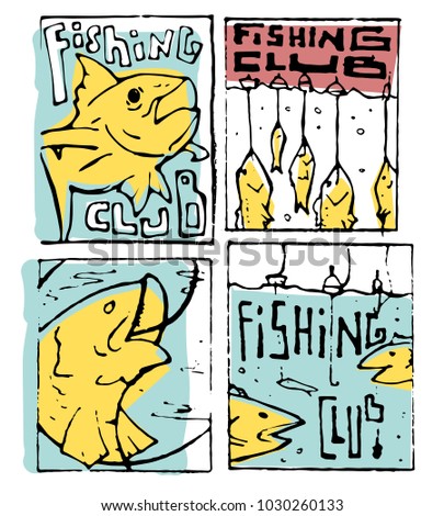 Fishing club poster illustration set. Comic style.
