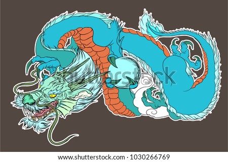 Japanese old dragon for tattoo. Traditional Asian tattoo the old dragon vector.Chinese dragon and sketch for tattoo