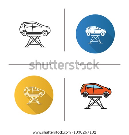 Car lift icon. Flat design, linear and color styles. Auto repair jack. Isolated vector illustrations