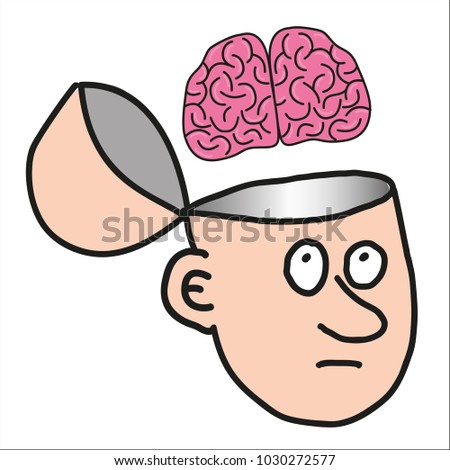 Man with brain flying from or into head - isolated cartoon hand drawn vector image. Original artwork illustration in comic style drawing