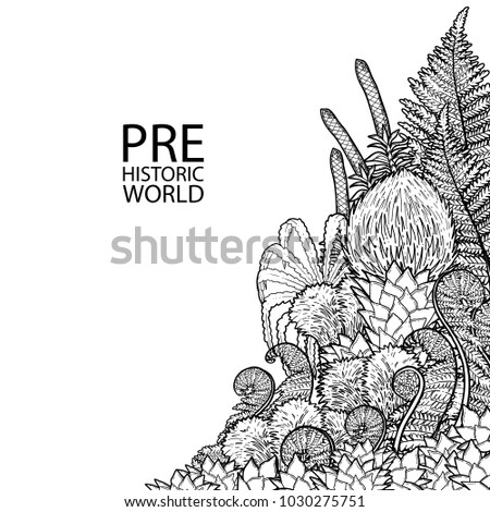Graphic prehistoric plants drawn in engraving technique. Coloring book page design. Vector exotic art