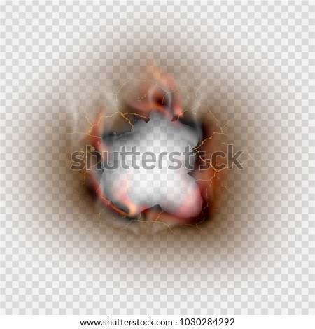 Hole torn in ripped paper with burnt and flame on transparent background