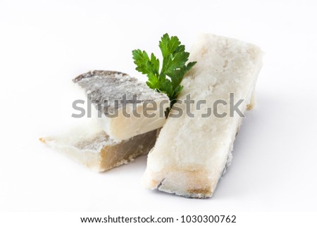 Salted dried cod isolated on white background. Typical Easter food