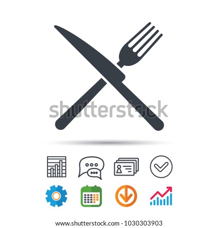 Fork and knife icons. Cutlery symbol. Statistics chart, chat speech bubble and contacts signs. Check web icon. Vector