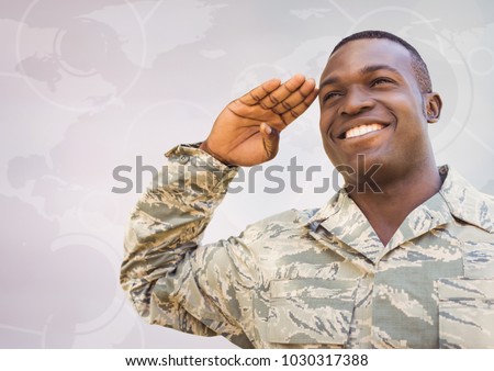 Digital composite of Soldier smiling and saluting against white map with interface