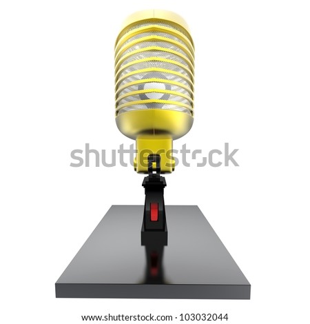 3d golden vintage microphone with stand on white background