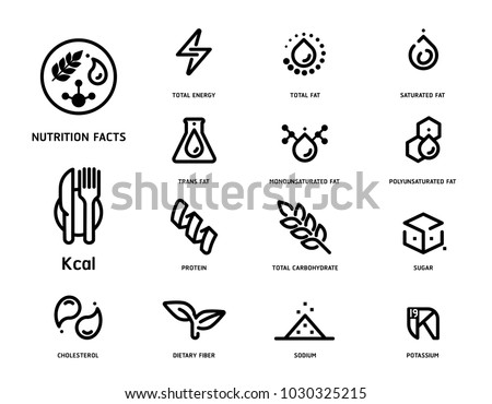 Nutrition facts icon concept clean minimal style set version 2. Flat line symbols of nutrients are common in food products collection. Royalty-Free Stock Photo #1030325215