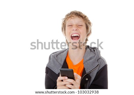 child laughing reading message on cell or mobile phone