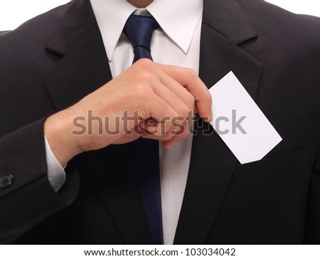 man showing blank business card