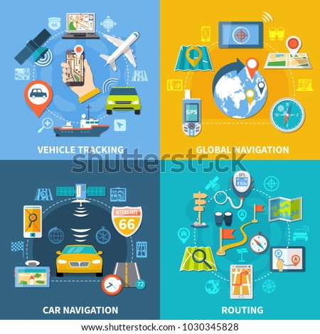 Navigation design concept with four compositions flat pictograms and icons with signboards gps satellites and gadgets vector illustration
