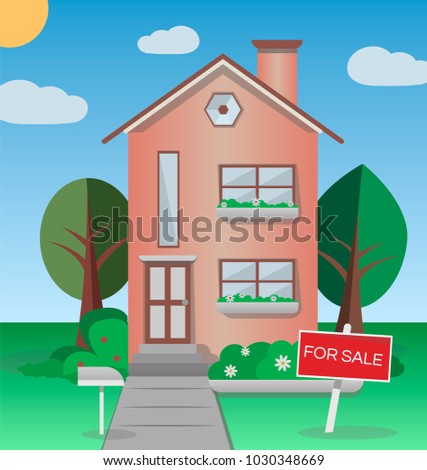 The house is for sale. House and sign in the foreground with information on the sale. Vector illustration