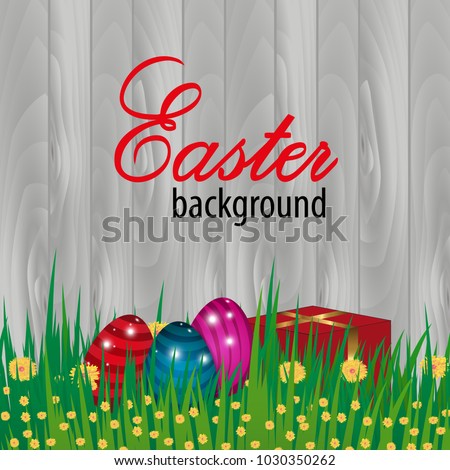 Happy Easter wooden background. Template Card with eggs, grass, flowers and present box. Vector illustration.