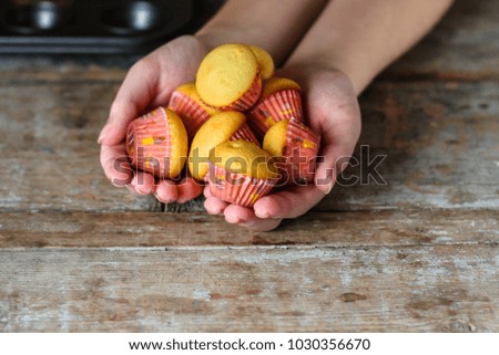 muffins (cupcakes) - fresh pastries on a wooden surface. copy space 