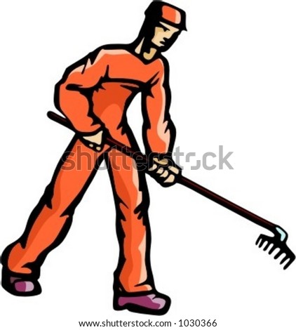A ready-to-cut vector illustration of a worker, holding a rake.