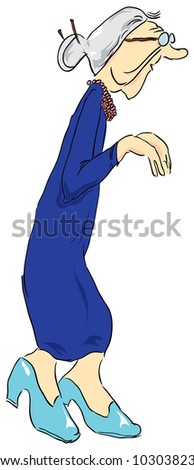 The gray-haired old lady in a blue dress. Vector illustration.