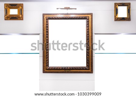 Antique wooden frames mock on wall white, with shelves