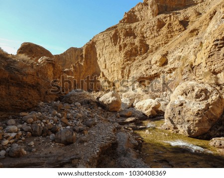 Wadi Mukheiris in Jordan. Valley of relict river. Biblical places near the Dead Sea. Wild nature