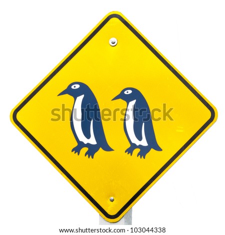 New Zealand Road Sign, Attention Blue Penguin Crossing isolated on white background