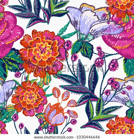 Embroidery floral patches seamless pattern with marigold flower, blue flowers, pink rose, peony embroideries, decorative branch, berry branches in vintage watercolor style. Vector stitching. Royalty-Free Stock Photo #1030446646
