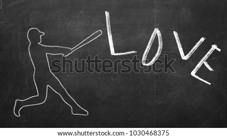 Drawn figure of Baseball player hitting a word Love