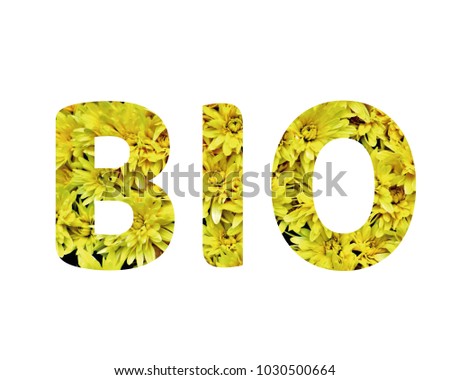 Isolated word BIO with yellow flowers and white background