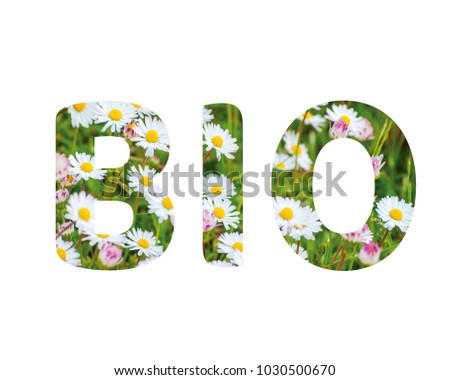 Isolated word BIO with daisies and white background