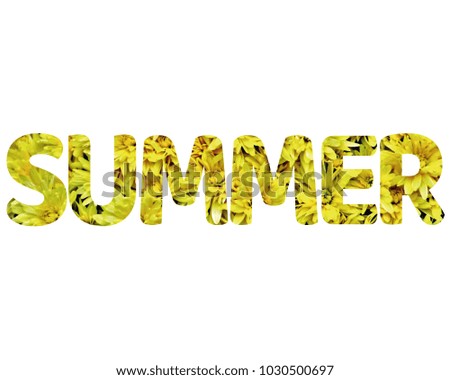 Isolated word SUMMER with yellow flowers and white background