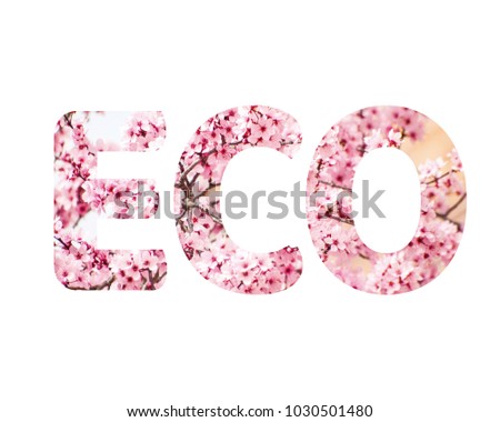 Isolated word ECO with pink flowers and white background
