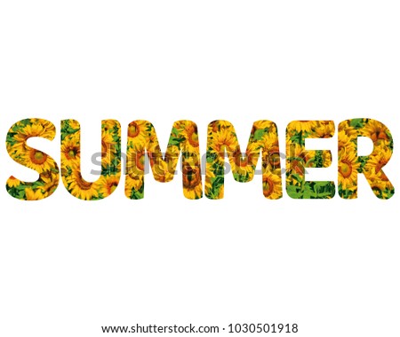 Isolated word SUMMER with sunflowers and white background