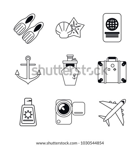 white background with monochrome graphics set of beach vacation